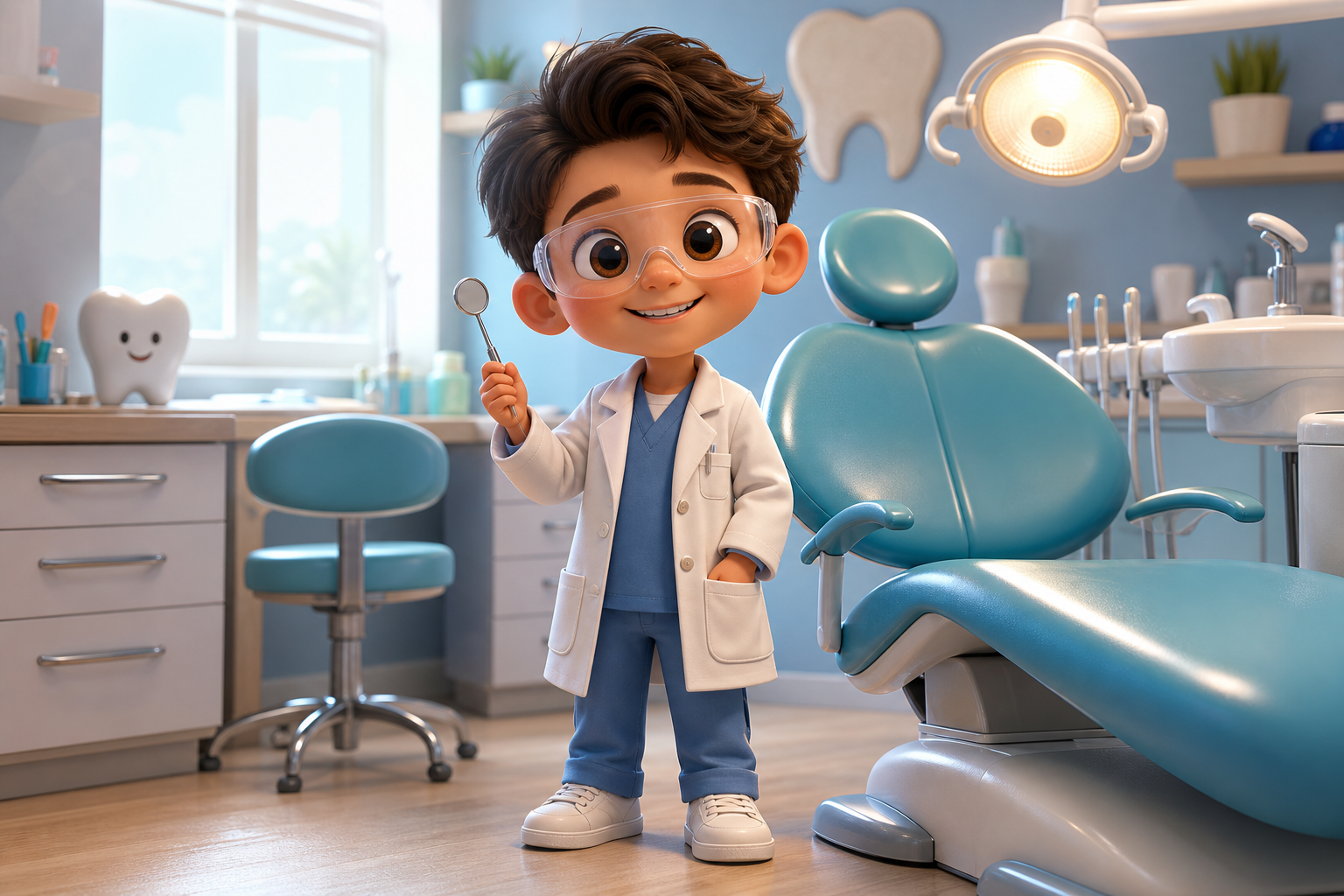 Pint-sized animated dentist in a bright friendly dental office.