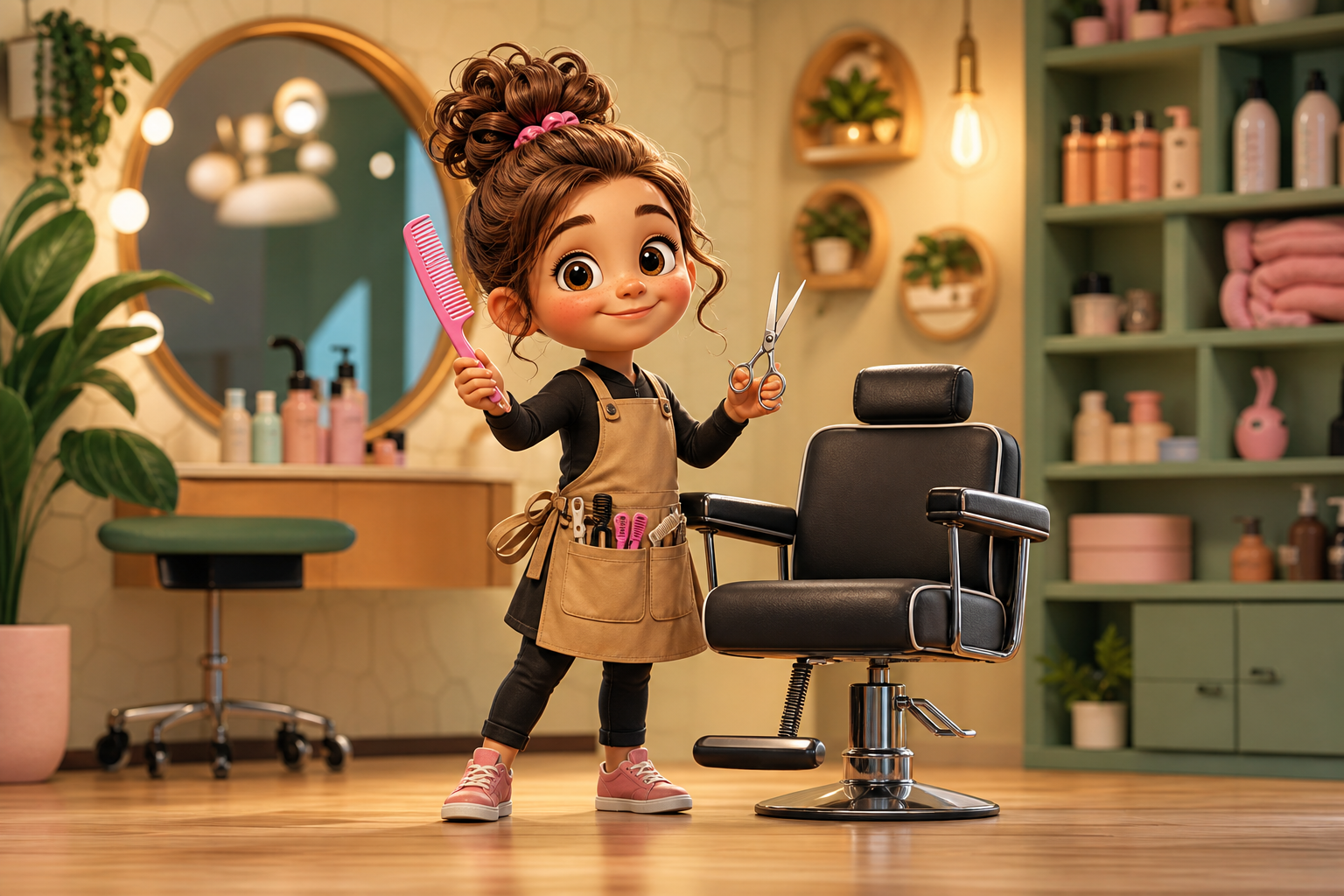 Pint-sized animated hair stylist in a salon holding styling tools.
