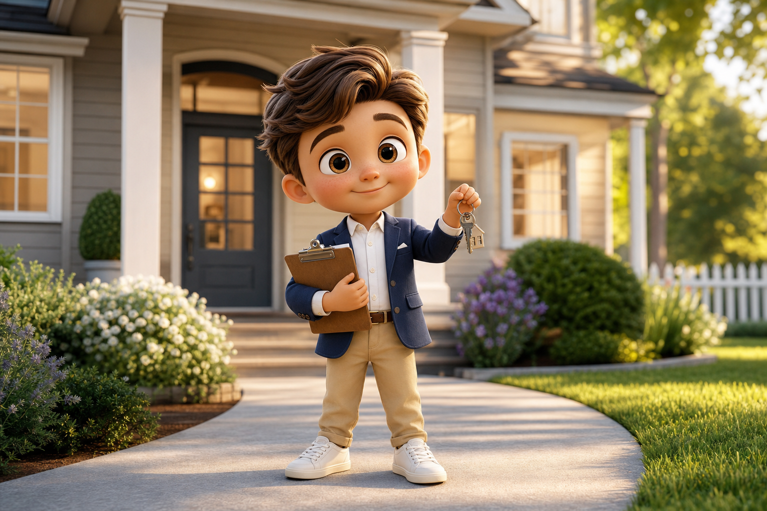 Pint-sized animated realtor outside a welcoming home with keys and clipboard.