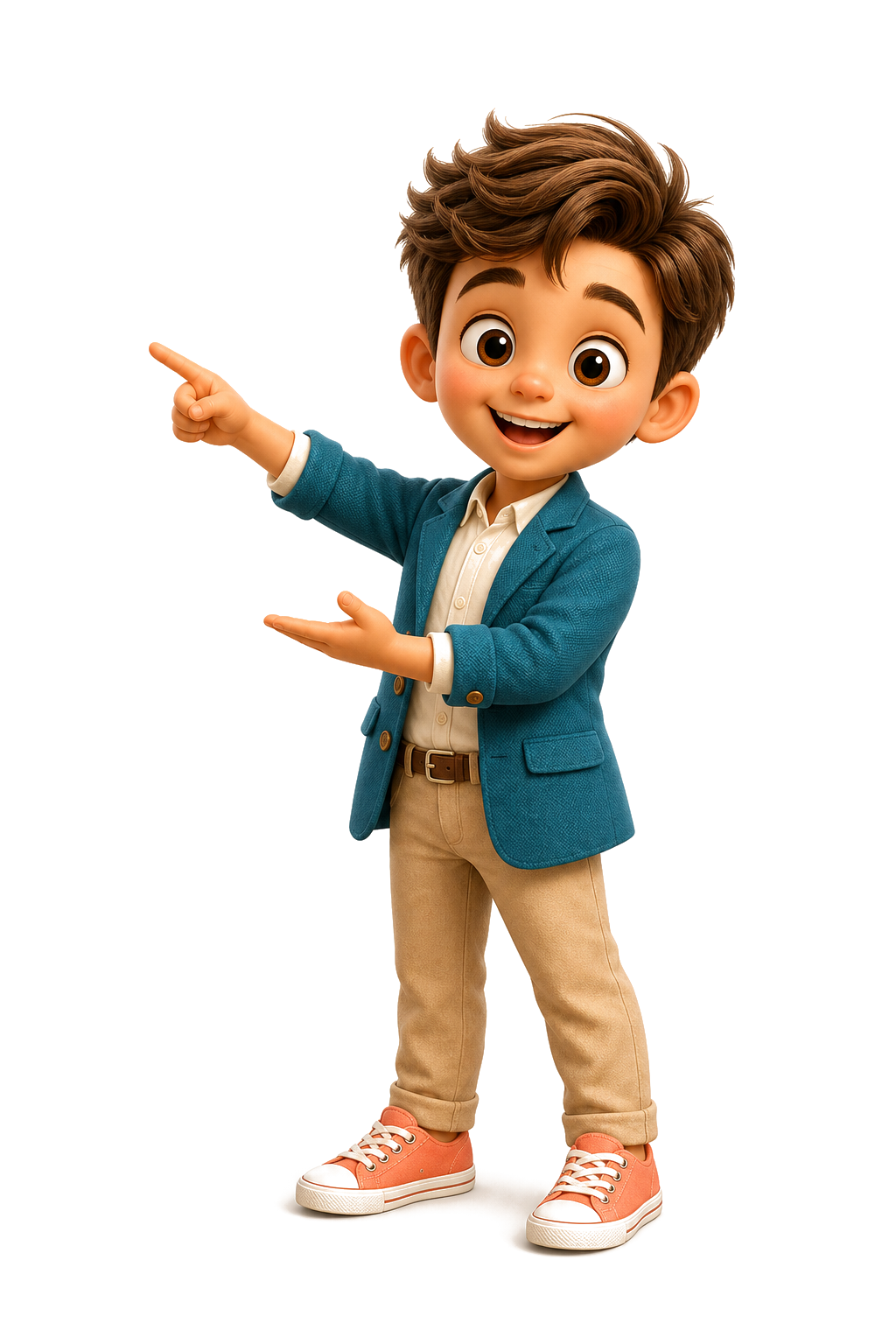 Pint-sized character pointing toward the launch price.