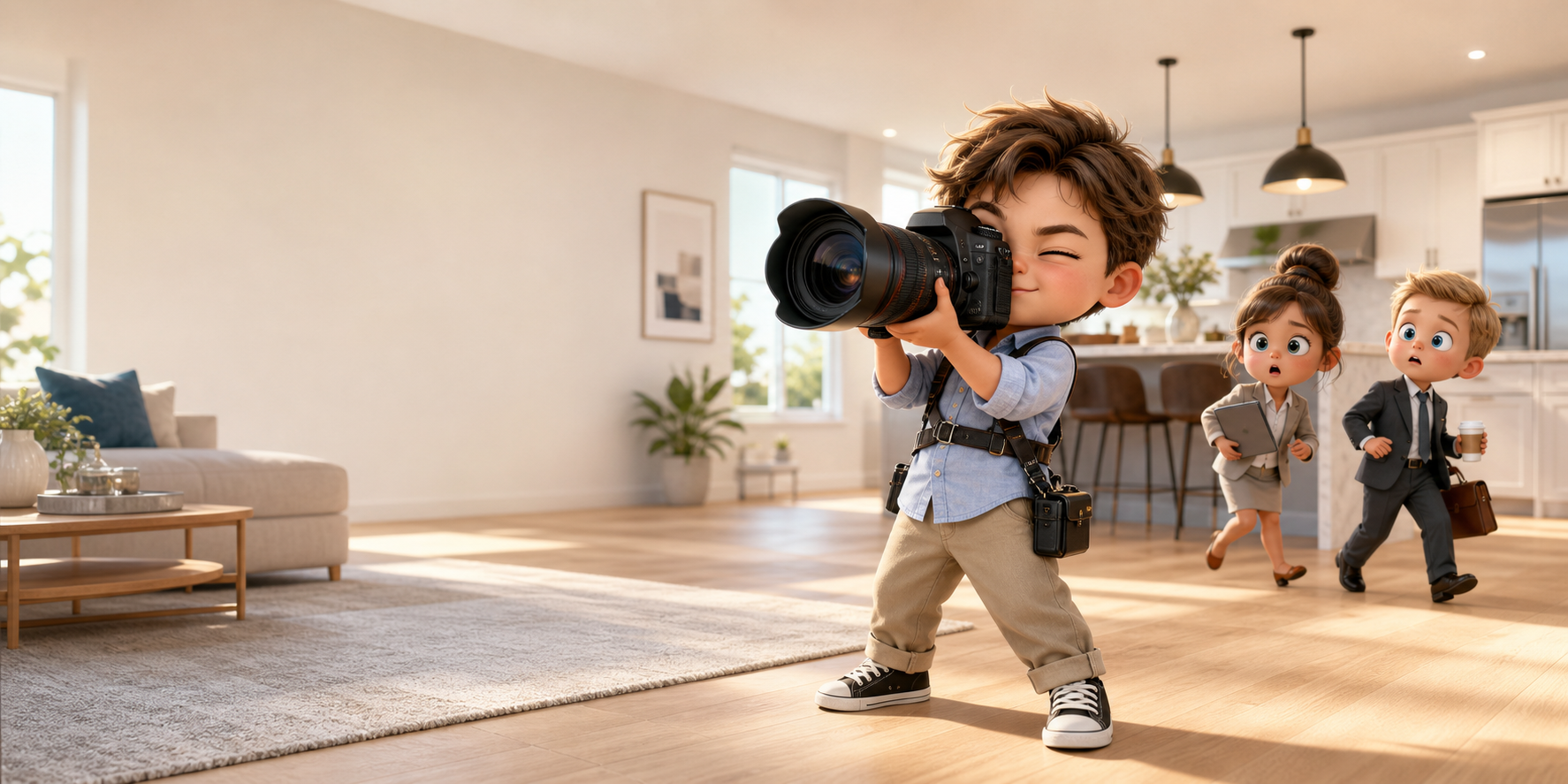 A pint-sized animated real estate photographer trying to shoot a home while tiny characters step into frame.